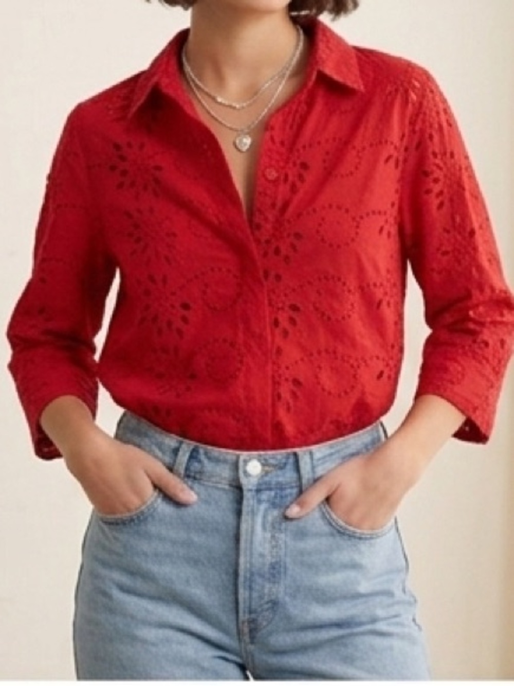 Zara Red Eyelet Collared Shirt